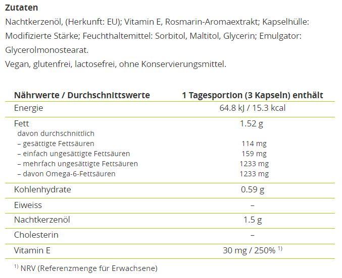 Nährwerte und Zutaten Alpinamed Nachtkerzenöl (120 Stück, Kapseln, 112 g)
