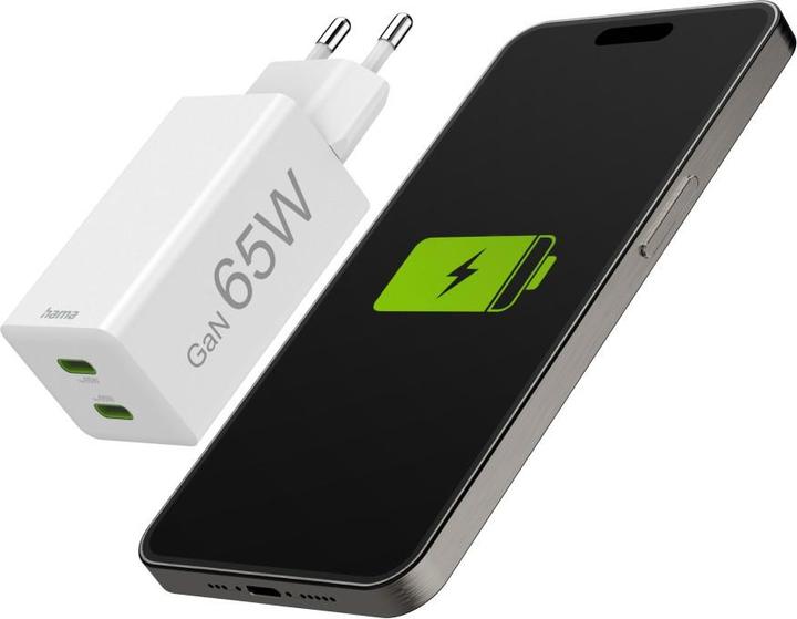 Produktbild Hama Schnellladegerät, GaN, 2x USB-C, PD/Qualcomm®, Mini-Ladegerät, 65 W, Weiss (65 W)