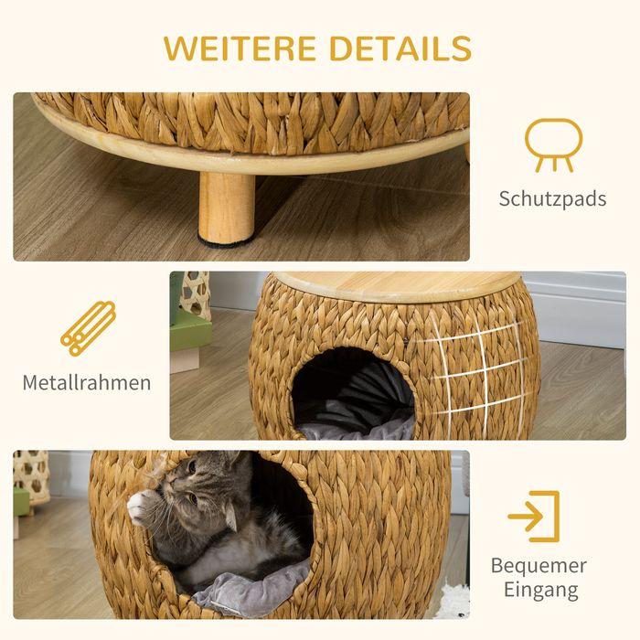 Produktbild Swisshandel24 Katzenhöhle aus Rattan 2-in-1 Design Katzenkorb mit Kissen Haustierbett Wasserhyazinthengras Paulown (Katze)