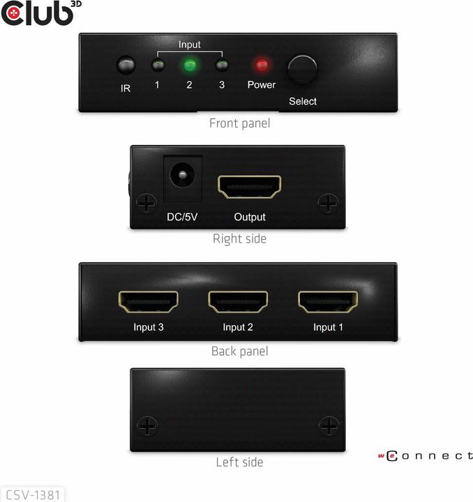 Actual product image Club 3D Club3D HDMI Switchbox 3 inputs -> 1 output 8K60Hz UHD retail