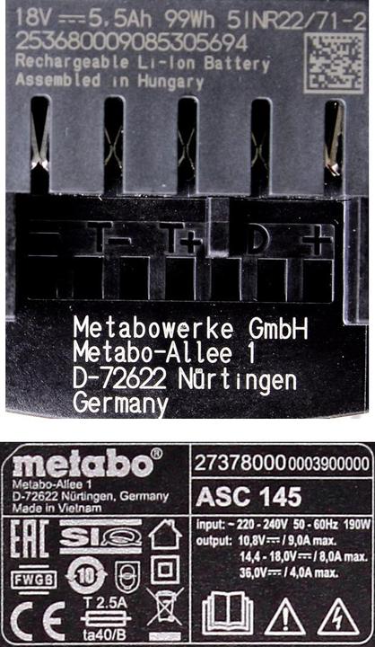 Actual product image Metabo Battery base set 18V with 1x battery LiHD 5,5Ah ( 625368000 ) + charger ASC 145 ( 627378000 ) (18 V)