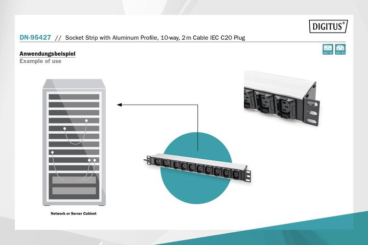 Produktbild Digitus Steckdosenleiste mit Aluminiumprofil, 10-fach, 2 m Zuleitung, IEC C20 Stecker