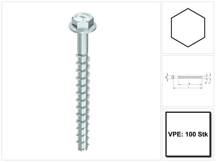 Produktbild Heco MULTI MONTI plus SS Schraubanker 6,0 x 60 mm 100 Stück ( 48385 ) Betonschraube, Sechskantkopf (100 Schrauben pro Stück)