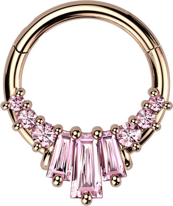 Produktbild Star Piercing Micro Segmentring klappbar rosegold sechs runde und drei Baquette Kristalle pink (Chirurgenstahl 316L, Messing)