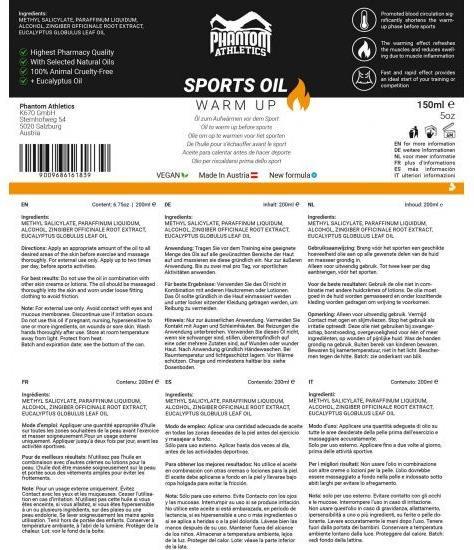 Valeurs nutritives et ingrédients Phantom Athletics Huile de sport 150ml (1 x, 150 ml)