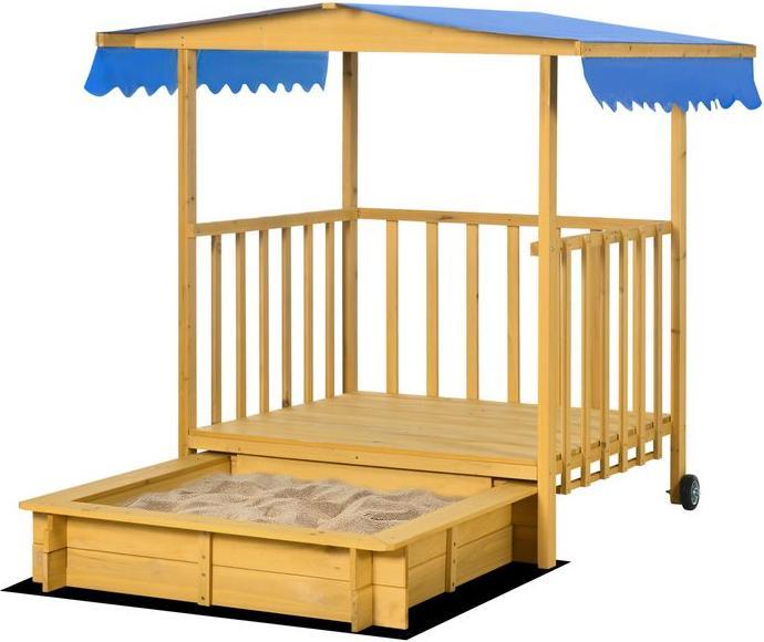 Actual product image Swisshandel24 Sandpit with roof, wooden sandpit with playhouse, 133 x 129 x 137.5 cm Sandbox with wheels for 3