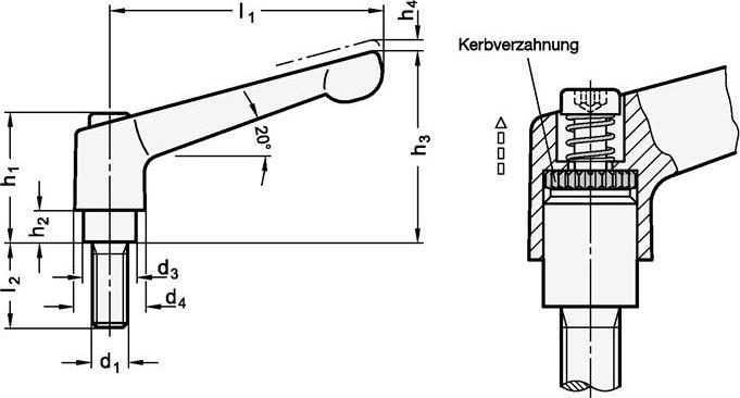 Actual product image Ganter Adjustable clamping lever GN 300.1 d1 M 8 mm l1 63 mm l2 50 mm external thread (63 mm)
