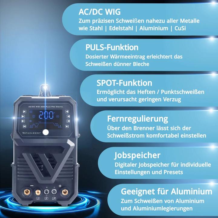 Produktbild Stahlwerk Schutzgas Schweissgerät AC/DC WIG 200 Puls Pro Digital Vollausstattung