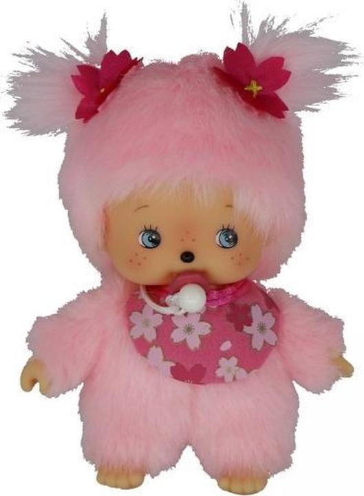 Monchhichi Sekiguchi 242443 Original Bebichhichi Mädchen Kirschblüte, aus rosa Plüsch, mit Lätzchen und Zöpfen (16 cm)