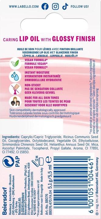 Nutritional values and ingredients Labello Lip Oil Clear Glow (Oil, 5.50 ml)