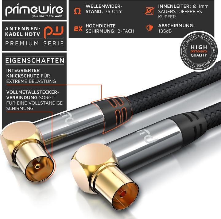 Image du produit Primewire Câble d'antenne HDTV coudé avec braiding, Câble coaxial Premium 135dB / 75 Ohm, Câble TV, 4K HDTV (135 dB, Câble d'antenne)