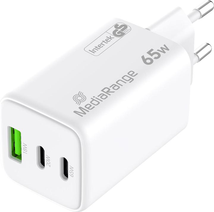 Immagine prodotto MediaRange Adattatore per la ricarica rapida, GaN, 2x USB-C e 1x USB-A, PD e QC, 65 watt, set di 2 (65 W)