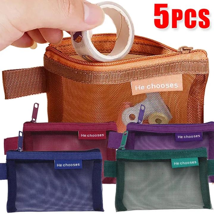 Actual product image Only-Bags.Store 5 Pcs Mini Mesh Storage Bags Multi-colour Portable Pencil Case Holder Coin Cosmetic Jewellery Travel
