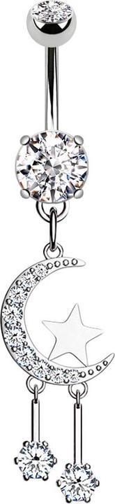 Image du produit Star Piercing Banane argentée avec deux boules cristal argenté Pendentif lune et étoiles (Laiton, Acier chirurgical 316L)
