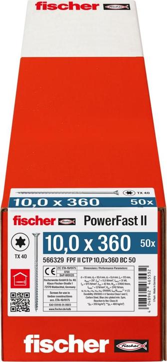 Immagine prodotto Fischer Viti da costruzione per legno a testa svasata Power Fast 10x360 mm TX40 vz. (50 Viti per pezzo)