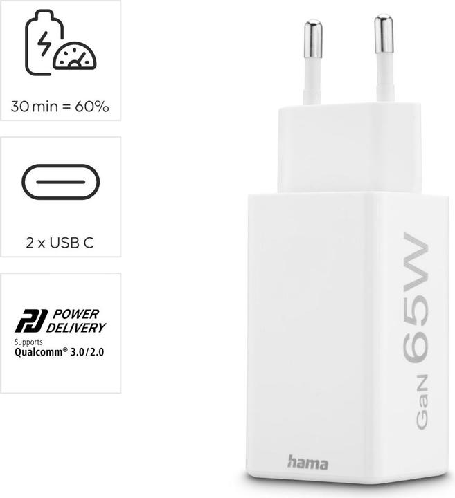 Produktbild Hama Schnellladegerät, GaN, 2x USB-C, PD/Qualcomm®, Mini-Ladegerät, 65 W, Weiss (65 W)