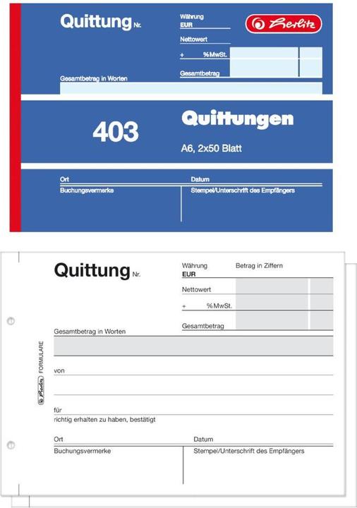 Energy Label Herlitz Receipt pad DIN A6 landscape, not carbonless 1 copy 2x50 sheets. (50 x)