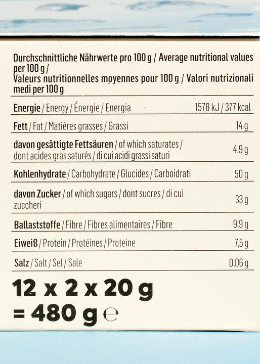 Valori nutrizionali e ingredienti KoRo Biscotto all'avena biologico con ripieno di fragole e copertura di cioccolato fondente (480 g)