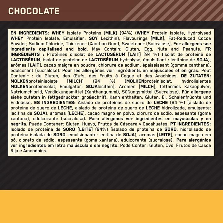 Nährwerte und Zutaten Optimum Nutrition Gold Standard Isolate (Chocolate, 1 Stk., 930 g)
