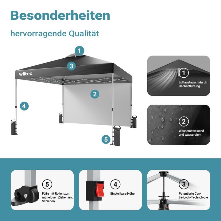 Produktbild Wiltec Pop up Pavillon 3x3m grau Seitenteil Räder Gartenpavillon Faltpavillon (300 cm, 300 cm)