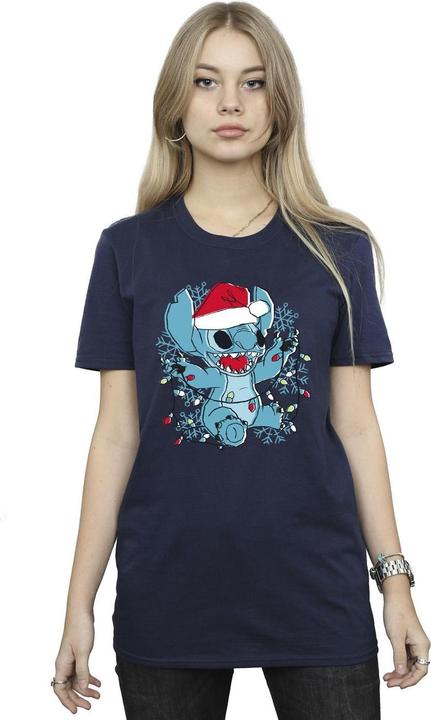 Actual product image Disney Womens/Ladies Lilo And Stitch Christmas Lights Sketch Cotton Boyfriend T-Shirt (S)