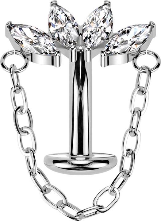 Actual product image Star Piercing Threadless Labret-Stab Banane silber Fächer vier Kristalle silber mit Anhänger Kette (Titanium G23)