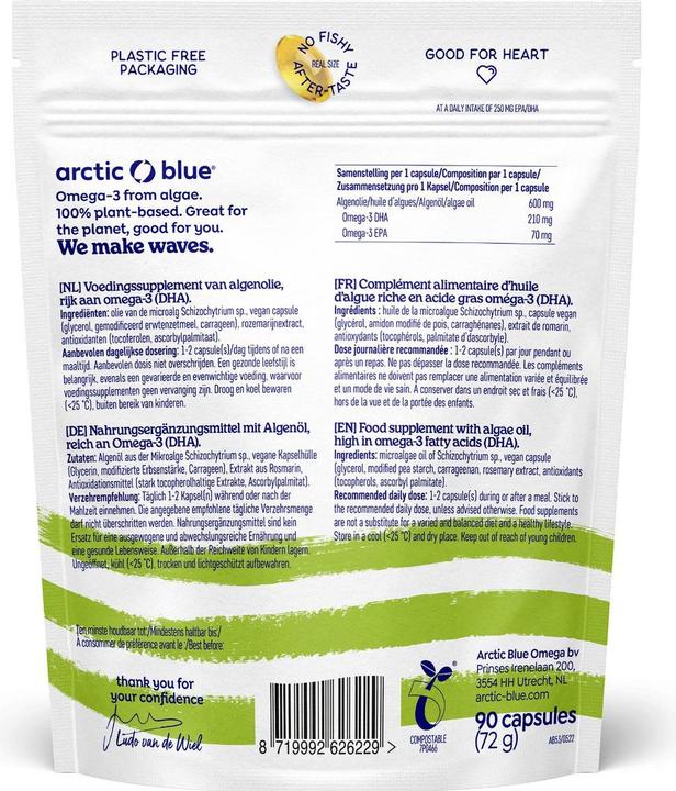 Nährwerte und Zutaten Arctic Blue Omega 3 Algenöl mit DHA & EPA Kapseln (90 Stück, Kapseln, 75 g)