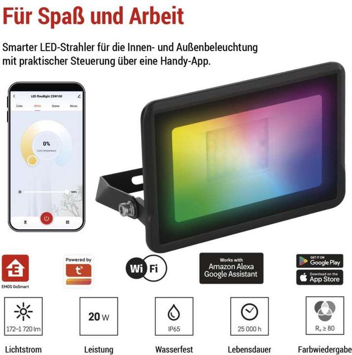 Image du produit Emos GOSMART LED Strahler 20W, 1720lm, RGB+CCT,IP65 (1720 lm)