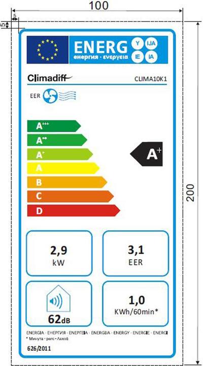 Energy Label Climadiff Clima10K1 (29 m², 10000 BTU/h)