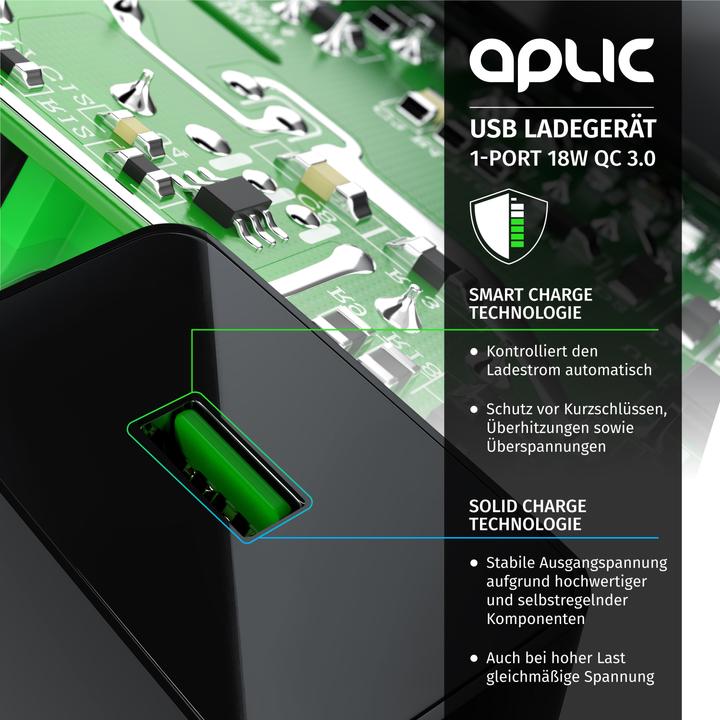 Immagine prodotto Aplic Caricatore USB 3000 mA, caricatore USB Quick Charge 3.0 1x porta USB A QC 3.0, max. 3A via QC, nero