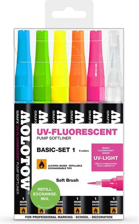 Produktbild Molotow Set de 6 Softliner fluorescent rèactif UV - GRAFX UV - 1mm - basique 1 - 16.2 cm (Sortiert, 1 mm, 6 x)