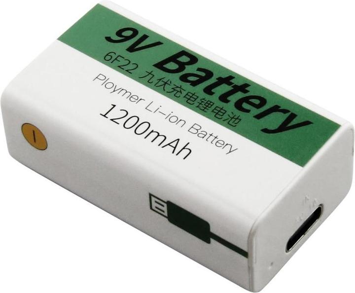 Immagine prodotto AccuCell Batteria da 9V con porta di ricarica USB-C, ioni di litio, 7,4V, 1200mAh, 8,1 Wh (1 pz., 1200 mAh, Accumulatore di carica elettrica)