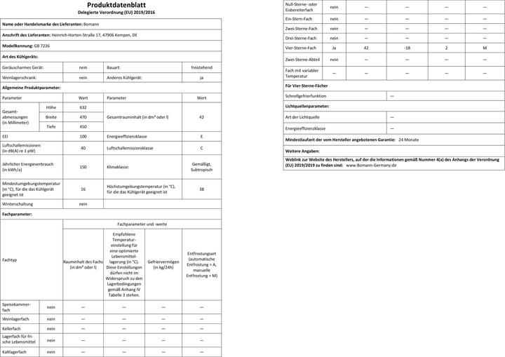 Produktbild Bomann GB 7236 (Freistehend, 42 l)