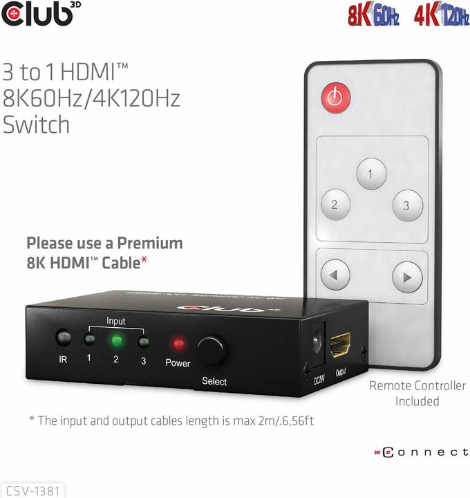 Actual product image Club 3D Club3D HDMI Switchbox 3 inputs -> 1 output 8K60Hz UHD retail