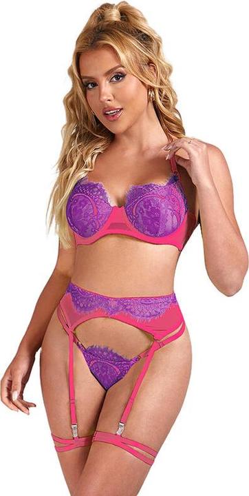 Immagine prodotto Subblime - 955366 SET REGGISENO CON PIZZO E GIARRETTIERA ROSA E VIOLA L/XL (XL)