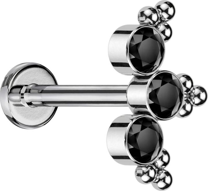 Produktbild Star Piercing Micro Threadless Labret silber dreiecks Kugeln drei Kristalle schwarz (ohne Messing, Titan G23)