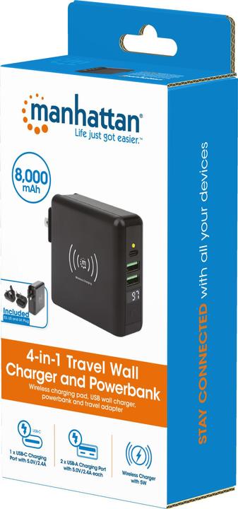 Produktbild Manhattan 4-in-1 Reiseladegerät und Powerbank 8.000 mAh Ein kabelloses 5 W-Induktionsladepad, zwei 12 W USB-A- (8000 mAh, 5 W, 29.60 Wh)