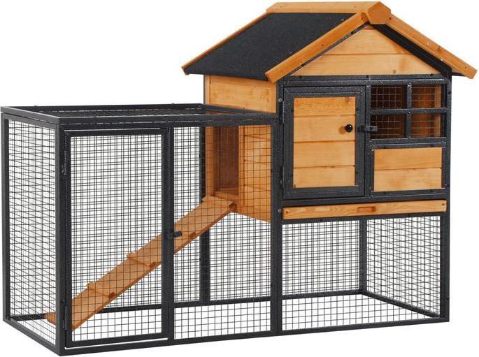 Produktbild Swisshandel24 Kaninchenstall erhöhtes Haustier Haus mit Abschliessbare Tür Outdoor Holz-Metall Hellgelb 122 x 63 x