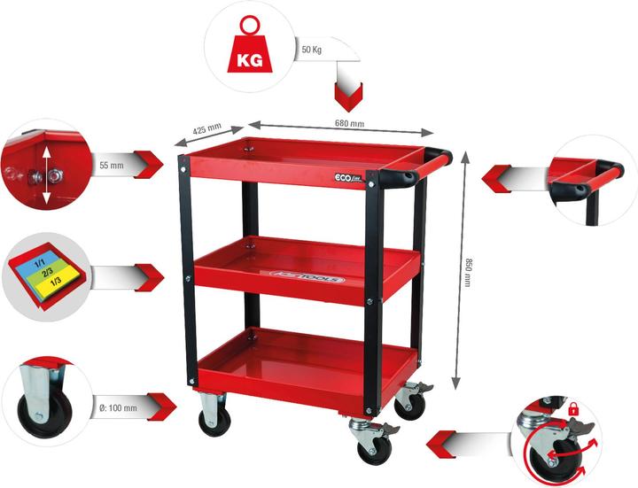 Produktbild KS Tools ECOline Werkstatt-Servicewagen, HxBxT 850x680x425 mm, Tragfähigkeit 150 kg (1 x)