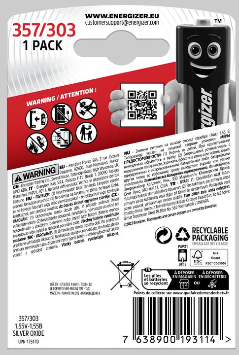 Produktbild Energizer Silver Oxide 357/303 (1 Stk., SR44, 150 mAh)