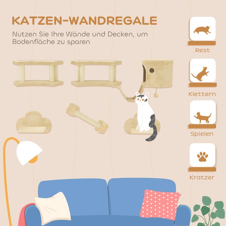 Image du produit PawHut Katzen Kletterwand Set Spanplatte, Plüsch Beige (54 cm, Beige+Blanc crème)