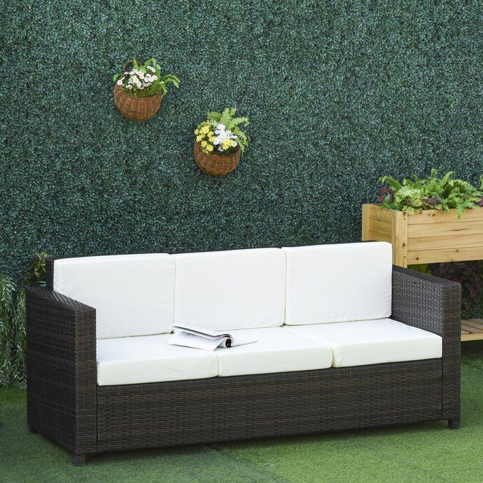 Actual product image Swisshandel24 Poly rattan sofa with cushions 3-seater garden lounge sofa metal polyester brown+white 185 x 70 x
