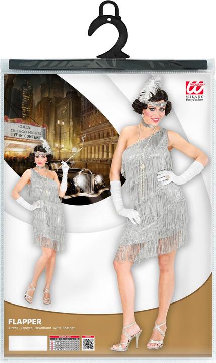 Produktbild Widmann Charleston Kleid Silber mit Fransen, Halsband, Stirnband und Feder (XS, S, M, L, XL)