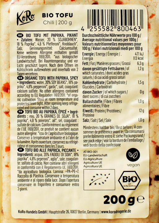 Nährwerte und Zutaten KoRo Bio Tofu mit Paprika, pikant (1200 g)