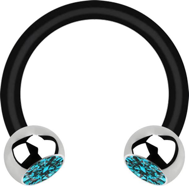 Star Piercing Micro Circular Barbell schwarz mit zwei Kugeln silber Kristall aqua (ohne Messing, Chirurgenstahl 316L, Bioflex)