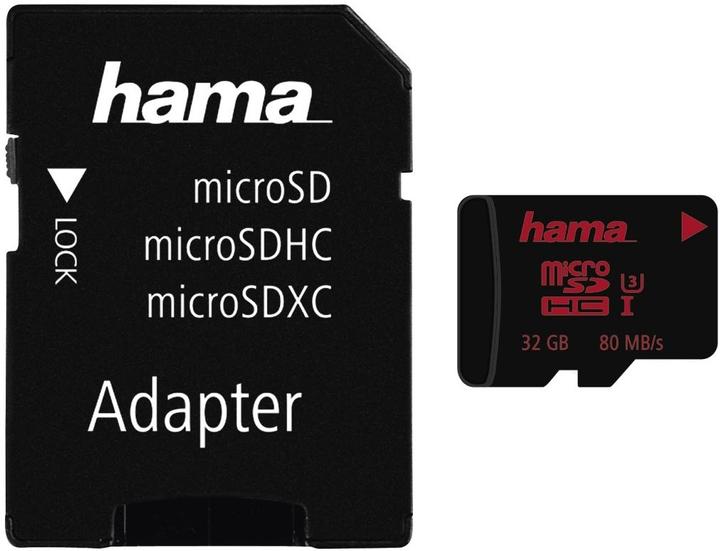 Productafbeelding Hama microSDHC 32GB Klasse 3 +Adapter/Foto (32 GB, microSDHC, U3, UHS-I)