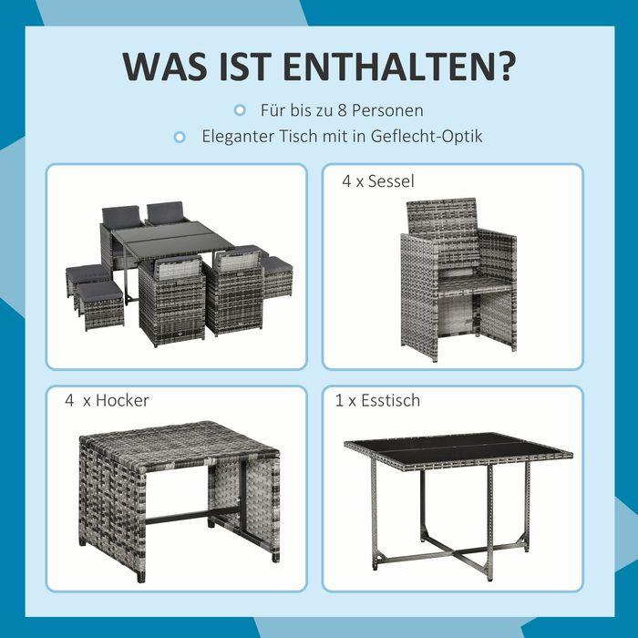 Immagine prodotto Swisshandel24 Set di sedute per 8 persone Set da giardino in polyrattan Set di sedute con cuscini inclusi Grigio (109 cm)