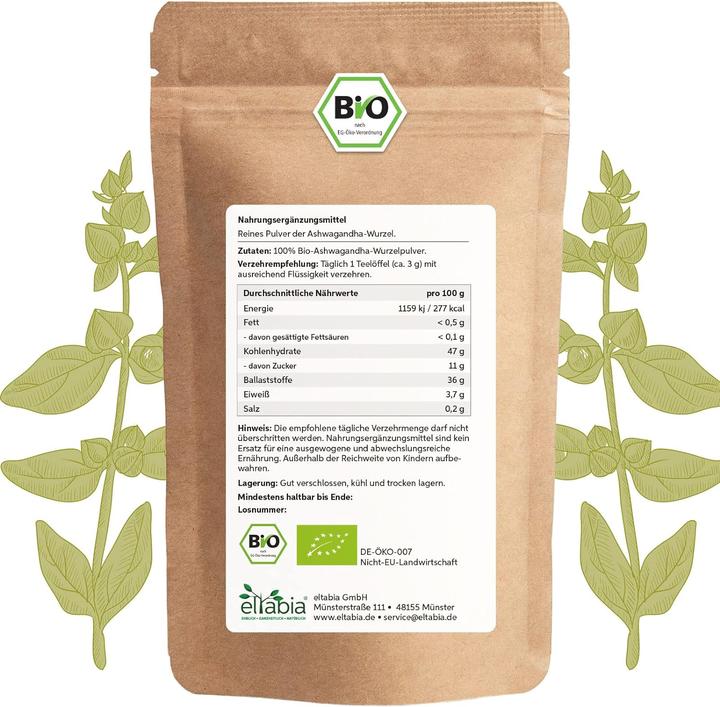 Immagine prodotto Eltabia Polvere di Ashwagandha biologica | Ginseng indiano in qualità di alimento crudo e vegano (Pillole, 200 g)