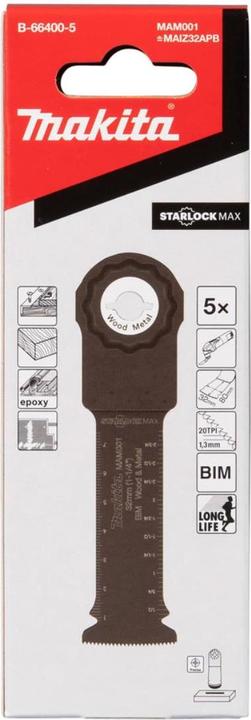 Image du produit Makita Lame de scie plongeante MAM001 32x80mm 5 pièces Starlock Max Multitool B-66400-5