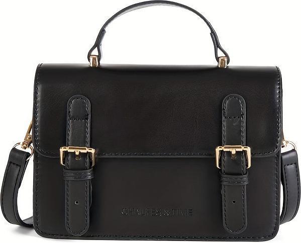 Only-Bags.Store Preppy couleur solide épaule sac carré, boucle de décoration rabat sac à bandoulière, marron